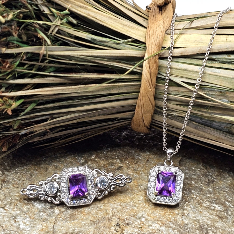 Gold Coast Platinum Plated Sterling Silver Amethyst Brooch & Necklace Set